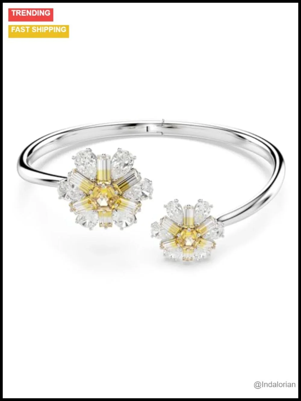 Swarovski Crystal Flower Bangle Bracelet Rhodium Silver - Size Small